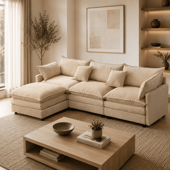 105" Modular Sectional Couch, 3-Seater Soft Chenille L-Shaped Sofa with Ottoman, Upholstery Sofa Couch with Pocket Coil & High-Density Foam for Living Room