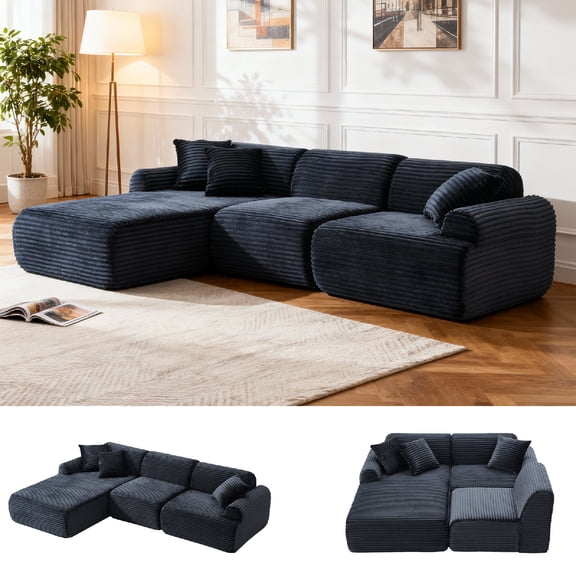 105'' Modular Sectional Sofa Couch ,Boneless couch, Compressed couch, Detachable and washable, Modern Woven-Textured Upholstery, Convertible L-Shaped Design Couches for Living Room, Apartment, Black