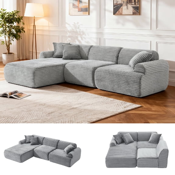 105'' Modular Sectional Sofa Couch ,Boneless couch, Compressed couch, Detachable and washable, Modern Woven-Textured Upholstery, Convertible L-Shaped Design Couches for Living Room, Apartment, Grey