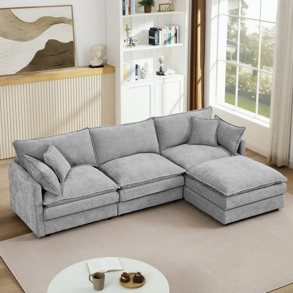 105" Modular Sectional Sofa with Deep Seat, Chenille L-Shaped Couch with Removable Ottoman, Cloud Sectional Couch with Pillows for Living Room, Grey