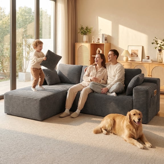 Lofka 105" Modular Sectional Sofa, Oversized L-Shape Cloud Couch with 5 Pillows, Modern Corduroy Sleeper Sofa for Living Room, No Assembly Required, Gray (Left Facing Chaise)