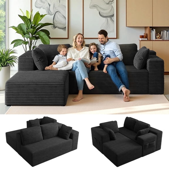 Sofa, Lofka 105" Cloud Boneless Couch with L-Shape Chaise, No-Assembly Corduroy Couches for Living Room, Bedroom, Black Couch