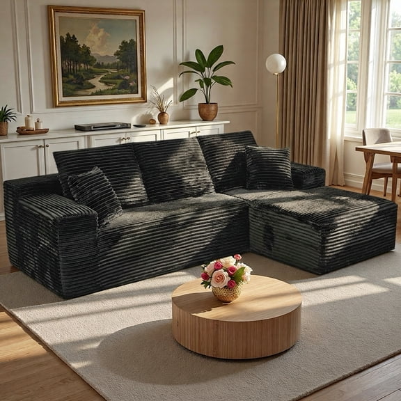 Cloud Couch, Lofka 105" Cloud Modular Sectional Sofa, Corduroy L-Shape Couch with Chaise, Deep Seat Boneless Floor Sofa for Living Room, Black