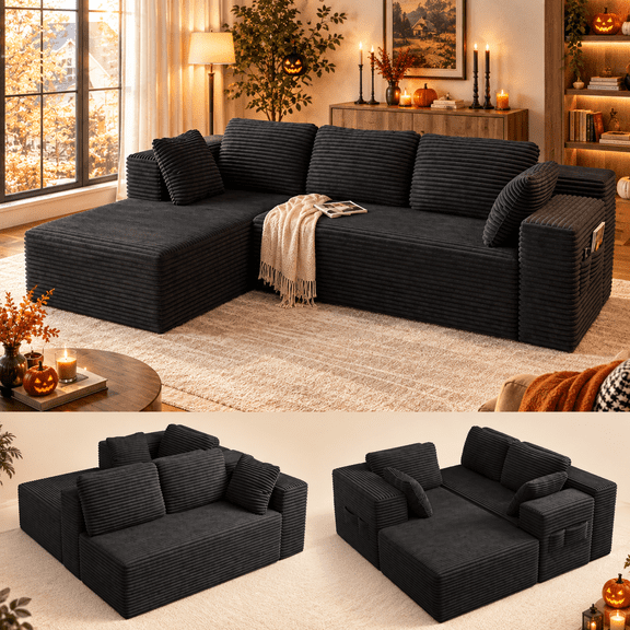Boneless Couch for Living Room, Lofka 105" Sectional Sofa L-Shaped, Deep Seat Corduroy Cloud Couch with Left Facing Chaise, Black, No Assembly