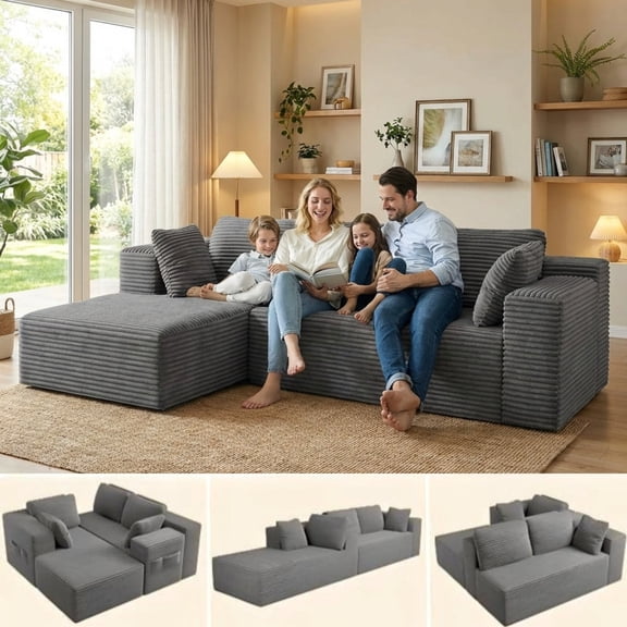 105" Cloud Modular Sectional Sofa, Lofka Corduroy L-Shape Couch with Chaise, Deep Seat Frameless Floor Sofa for Living Room, Gray