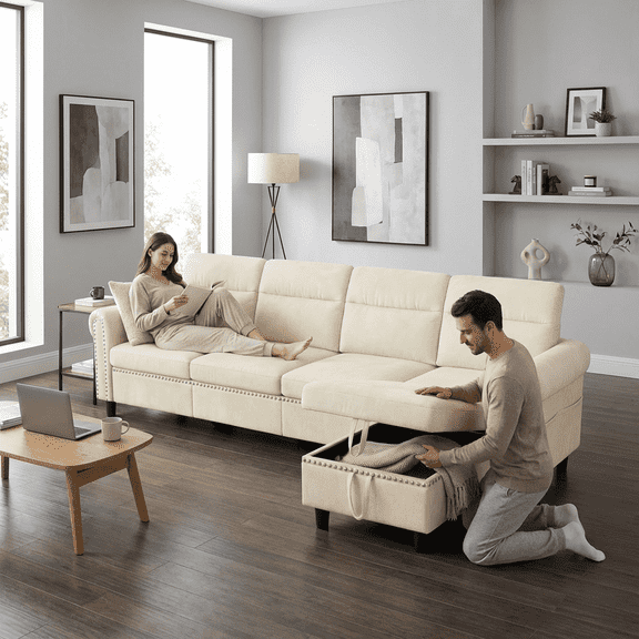 106 Inch Modular Assembled L-Shaped Sofa, 4-Seat Linen Upholstered Chaise Recliner with Storage Ottoman & Memory Foam Filling for Living Room Beige