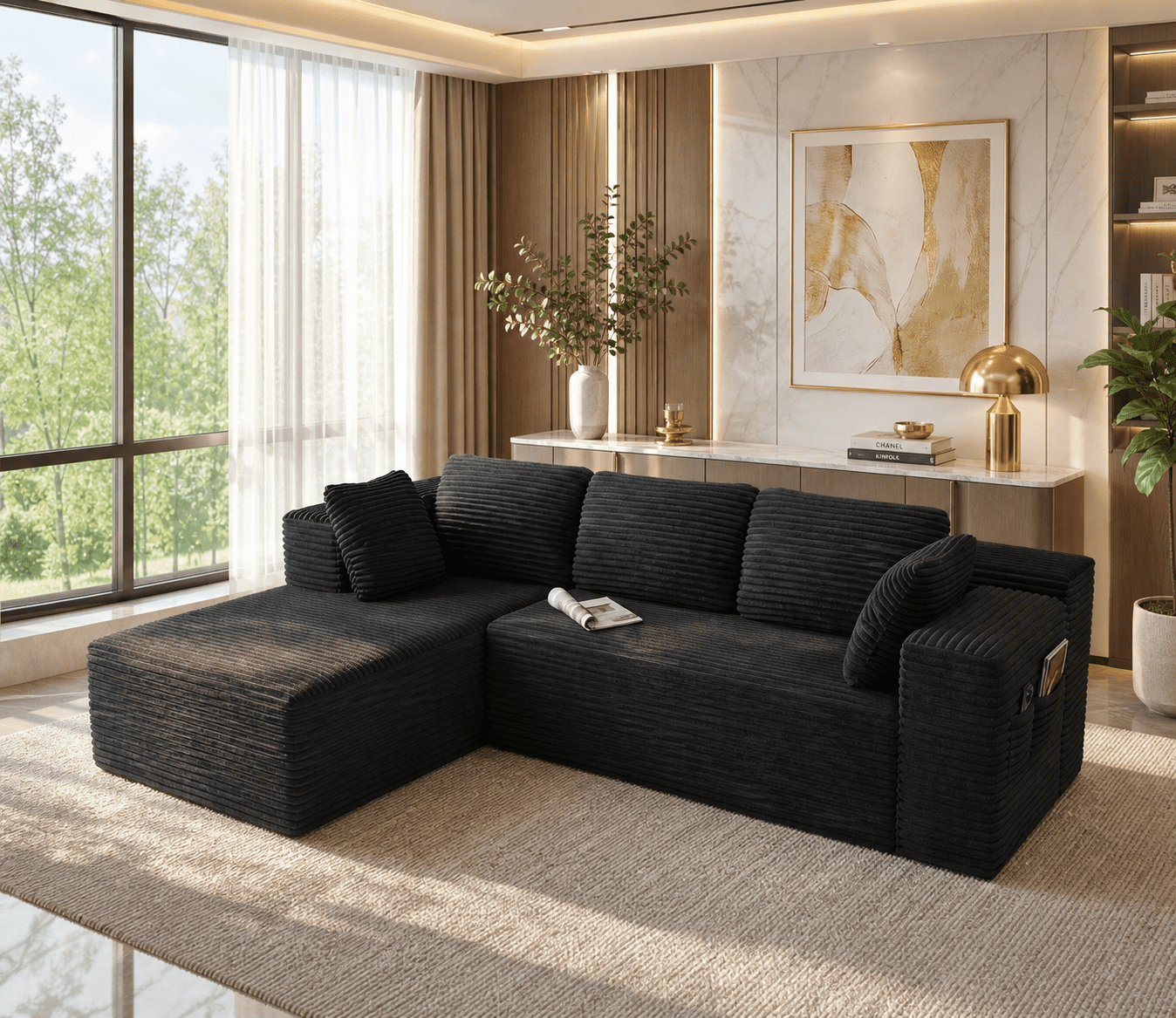 105" No-Assembly Modular L-Shaped Sectional Sofa, Comfy Corduroy Deep Seat Cloud Couch with Chaise, Modern Boneless Sofa for Living Room, Bleige