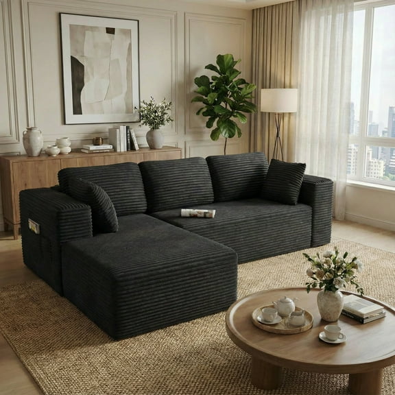 105" No-Assembly Modular L-Shaped Sectional Sofa, Comfy Corduroy Deep Seat Cloud Couch with Chaise, Modern Boneless Sofa for Living Room, Black