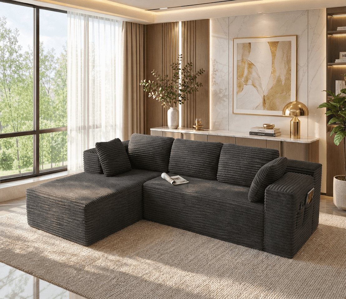 105" No-Assembly Modular L-Shaped Sectional Sofa, Comfy Corduroy Deep Seat Cloud Couch with Chaise, Modern Boneless Sofa for Living Room, Grey