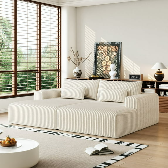 LUCKHAO 105" Oversized Corduroy Sectional Lounge Chaise, Corduroy Loveseat Sofa Bed,Fluffy Modern Sleeper Chair for Indoor Living Room Bedroom ,No Assembly Required