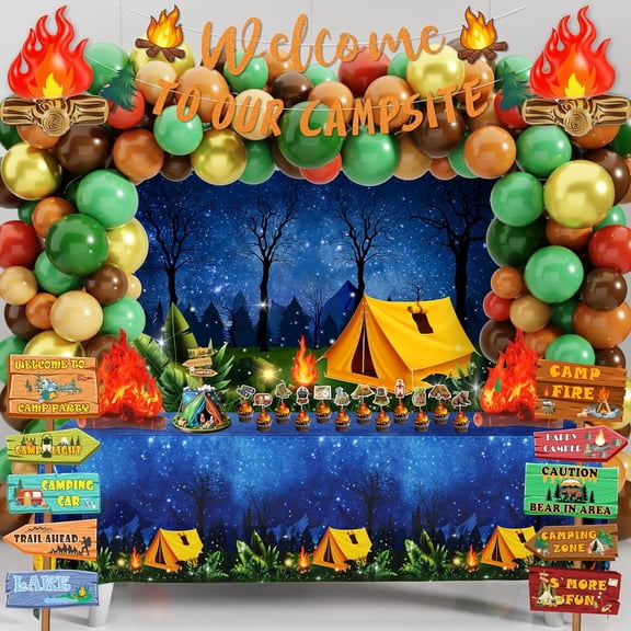 105 PCS Camping Birthday Party Decorations Kit with 3D Campfire & Forest Backdrop - Reusable Camp Theme Decor for Baby Showers, Outdoor Adventures & Celebrations