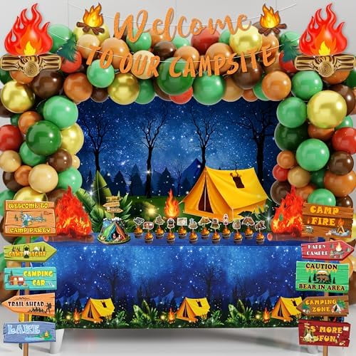 105 PCS Camping Birthday Party Decorations Kit with 3D  & Forest Backdrop - Reusable Camp Theme Decor for Baby Showers, Outdoor Adventures & Celebrations$$Home Decor, Kitchen, & Other