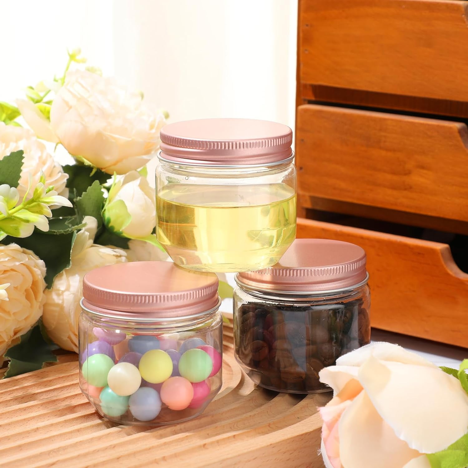 105 Pcs 3 oz Wide Mouth Mason Jars Clear Plastic with Rose Gold Lids ...