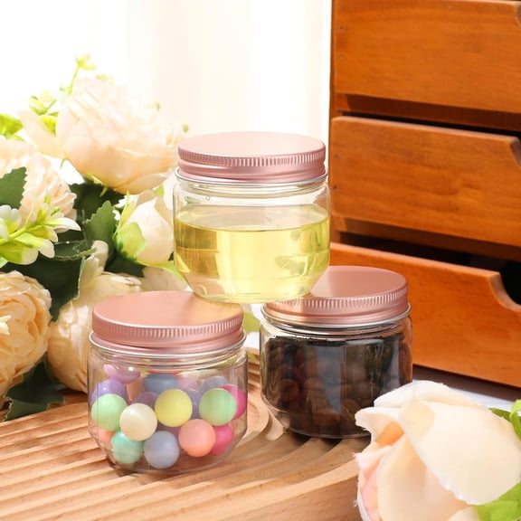 105 Pcs 3 oz Wide Mouth Mason Jars Clear Plastic with Rose Gold Lids for Spices Herbs Crafts Party Favors