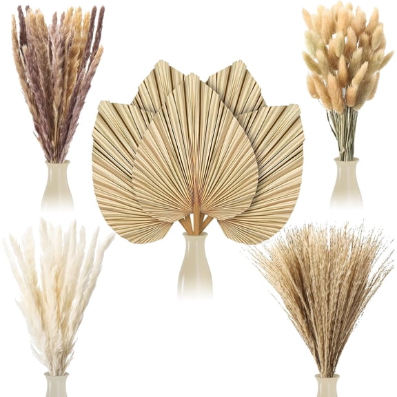 105 Pcs Boho Dried Pampas Grass Decor Bulk, Large Dried Palm Spears Bunny Tails Pampas Reed Grass Dried Palm Leaves Dried Flower Bouquet Boho Centerpieces for Wedding Home Tables Decor