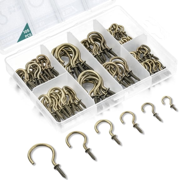 105 Pcs Screw Hooks, 6 Sizes Bronze Cup Hooks, Screw Hooks for Hanging, Metal Cu