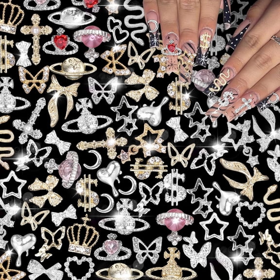 105 Pcs Silver+Gold Nail Gems Charms, Planet Crown Dollar Nail Gems Snake Star Bow Nail Charms 3D Cross Nail Art Jewelry Charms + Gold Dollar Charms for Nail Art DIY Jewel Accessories
