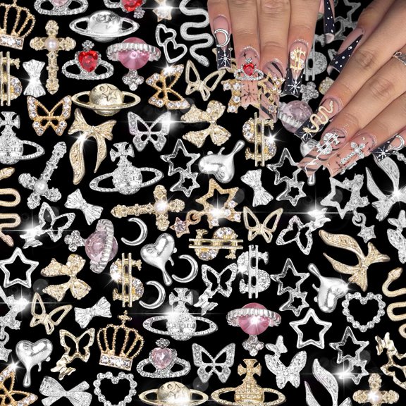 105 Pcs Silver+Gold Nail Gems Charms, Planet Crown Dollar Nail Gems Snake Star Bow Nail Charms 3D Cross Nail Art Jewelry Charms + Gold Dollar Charms for Nail Art DIY Jewel Accessories ALT2