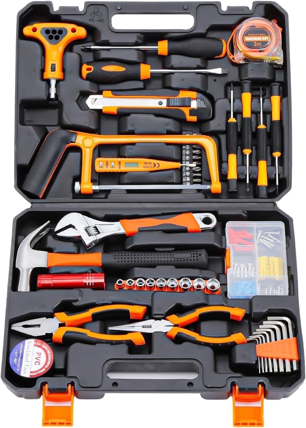 Hoey 105 Piece Tool Kit, Household Tools with Case, Hammer