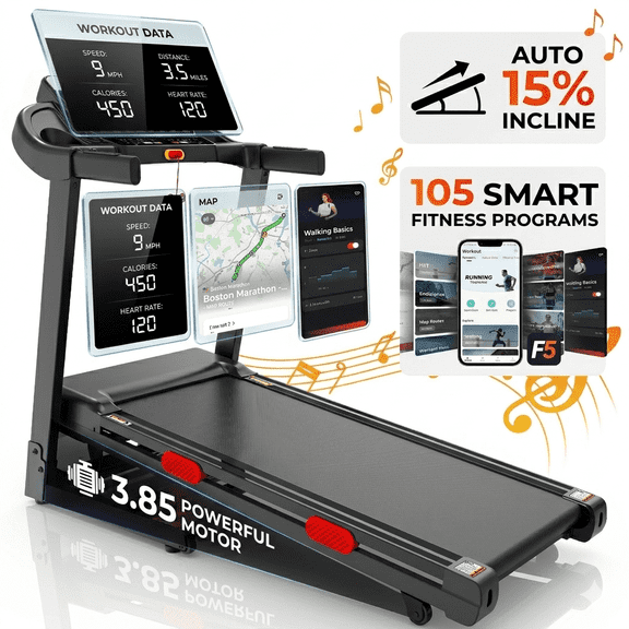 105 Programs Treadmill with 15% Auto Incline, 340LB Capacity Treadmill for Home, 9MPH Speed, APP Connected Portable Exercise Equipment Treadmill with 6 Cushioned Running Belt, Knee Brace Gift