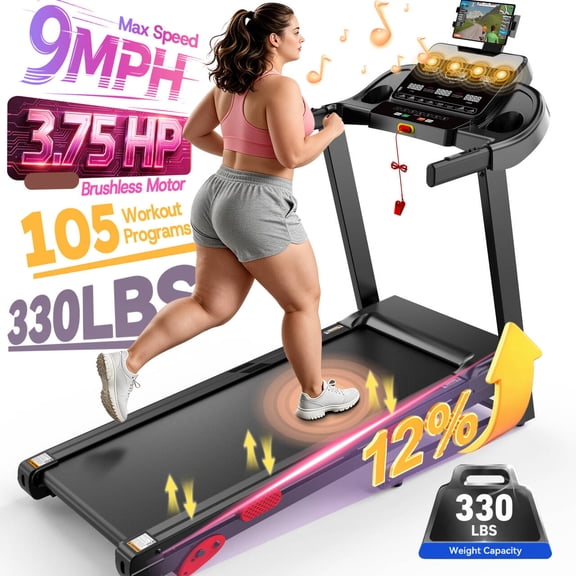 105 Programs Treadmill for Home, Foldable 3.65HP Treadmill with 10% Incline, Portable Treadmill 320lb Capacity, 9MPH Jogging Walking Treadmill with APP Control,Cushioned Belt,Exercise Treadmill