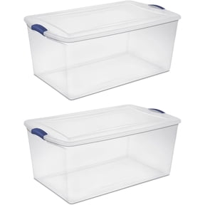 105 Qt Clothes Storage Bins with Lids, 2-Pack Clear Plastic Stackable Totes | 105qt clear bins with locking lids, BPA-free, stackable for storing seasonal clothes, bedding, and blankets in closet.