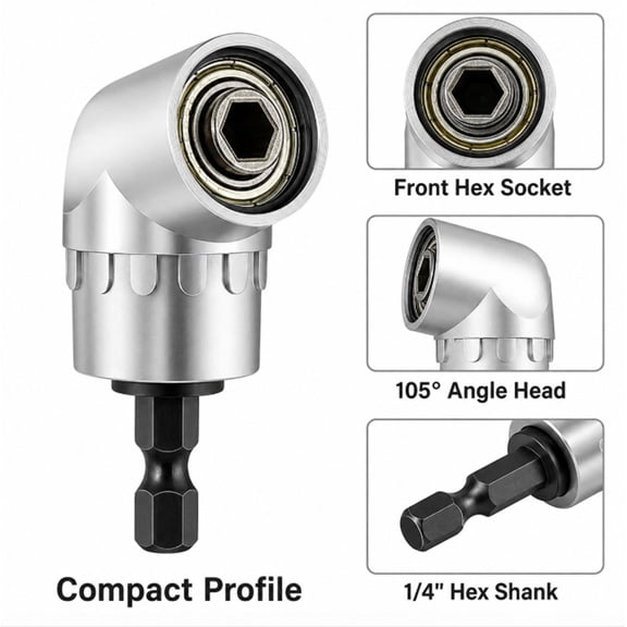 105 Degree Right Angle Drill Bit Extension, 1/4 Inch Hex Screwdriver Socket Holder Adapter, TIKA