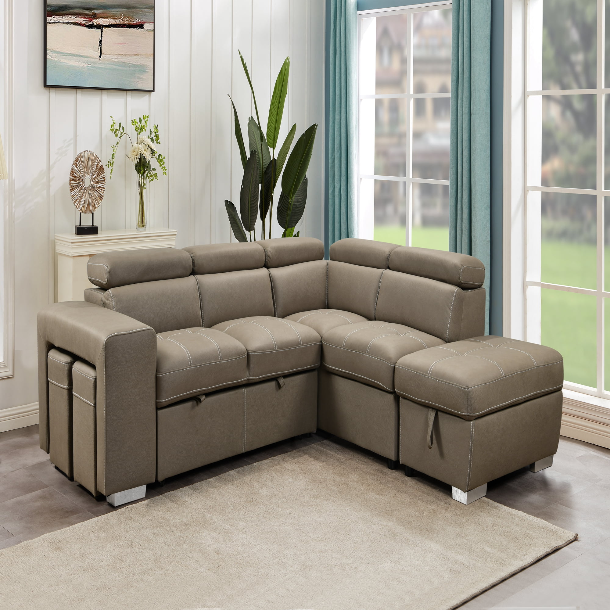 105" Sectional Sofa with Adjustable Headrest ,Sleeper Sectional Pull