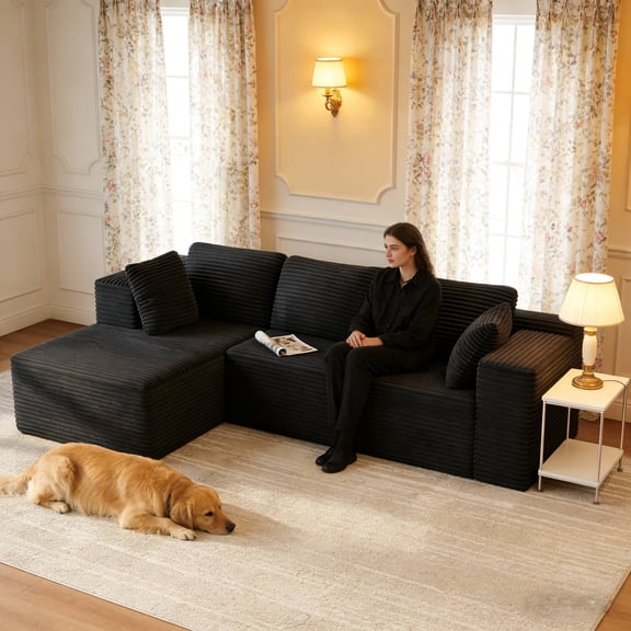 Lofka 105" L-Shaped Sectional Sofa, 4-in-1 Modular Sofa Bed with Deep Seat, No Assembly Velvet for Living Room Office, Black