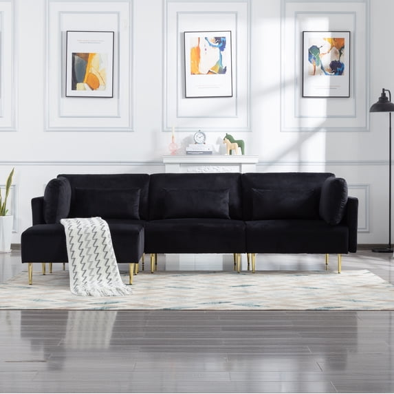 105" Velvet L-Shaped Sectional Sofa Couch, Modern Free Combination Sectional Couch with Metal Feets and 2 Pillows for Living Room, Apartment, Black