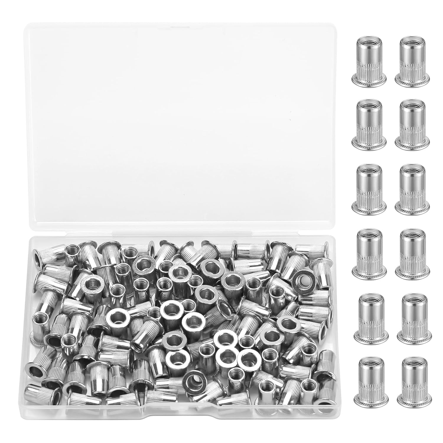 105 pieces of type 5 rivet nuts, 5 thread inserts, threaded rivets, nut inserts, stainless steel flat head rivet nuts, metal knurled nut set