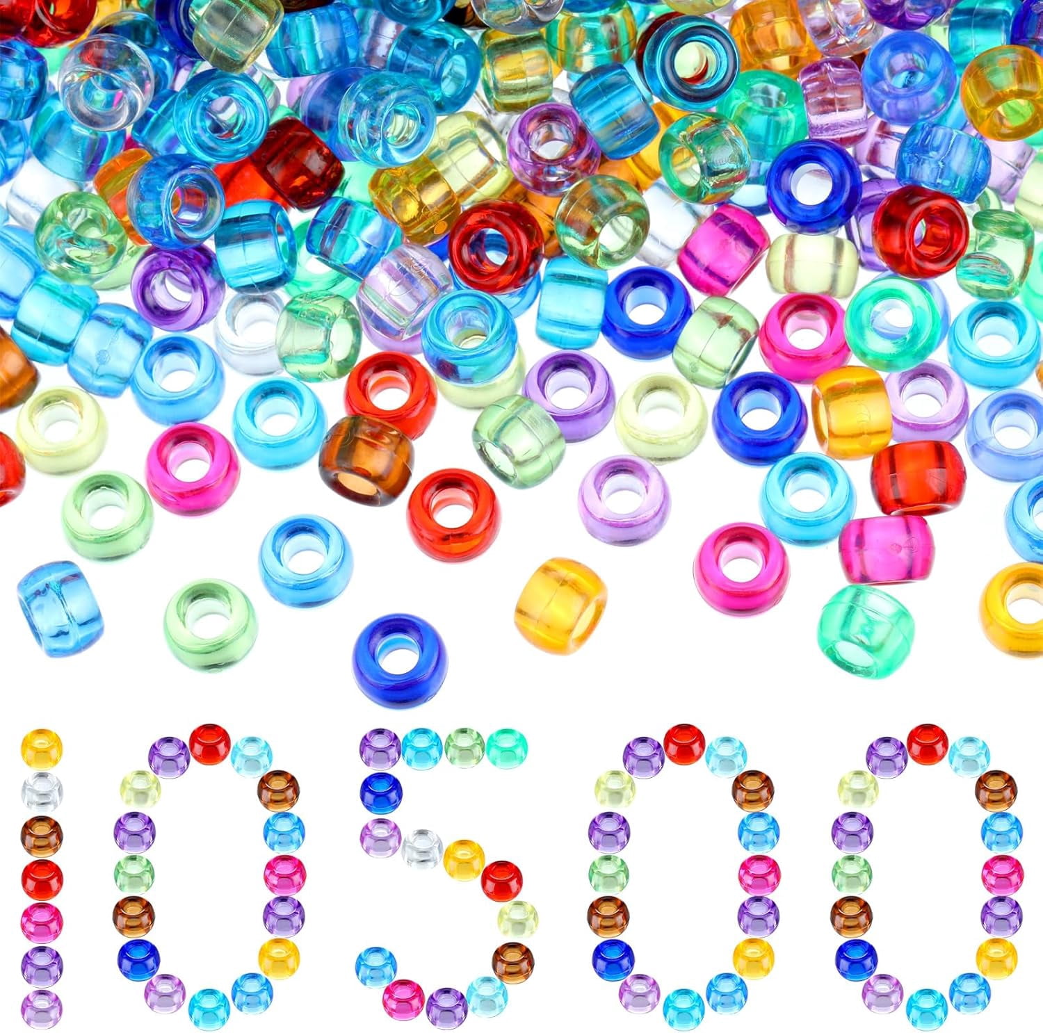 10500 Pcs Pony Beads Bulk Plastic Beads for Bracelet Making Hair Braids DIY Necklace Jewelry Making Gifts for Christmas(Round,Transparent Color)