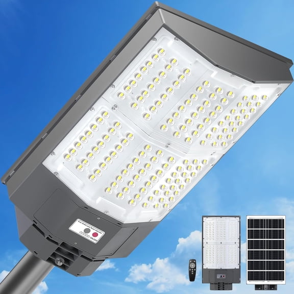 W Solar Street Lights Outdoor LM K Solar Parking Lot Lights Dusk to Dawn mAh IP Pole Security Flood Lamps with Motion Sensor and Remote for Yard Garage Driveway
