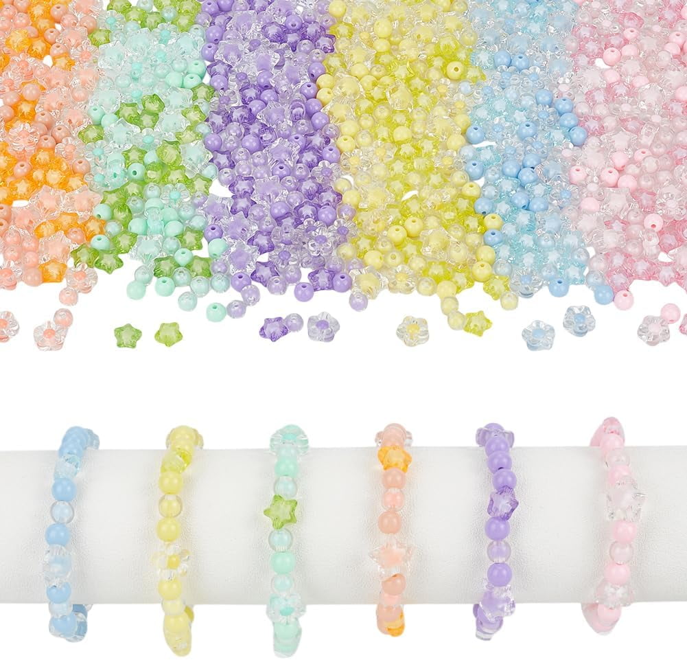 1050Pcs 30 Styles Acrylic Assorted Beads Candy Color Acrylic Pastel Beads Flower Star Colorful Macaron Cute Loose Beads Bulk Kawaii Spacer Beads for DIY Bracelet Necklace Jewelry Making Colorful