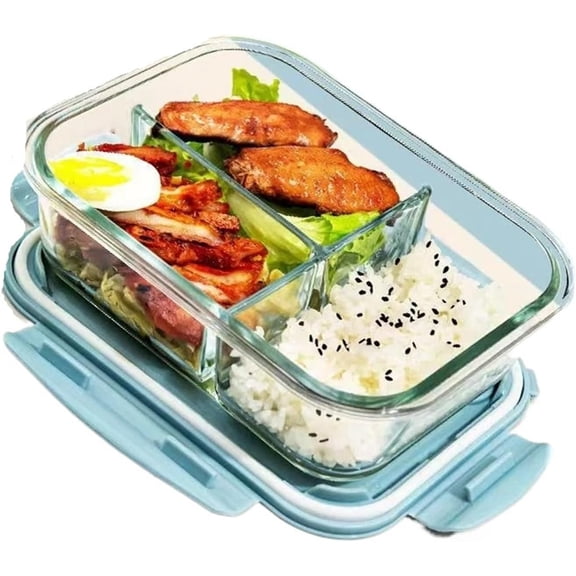 1050ml Glass Lunch Box - Microwave Safe Bento Food Storage Container with Compartments for Work(Sky Blue,3-1000ml)