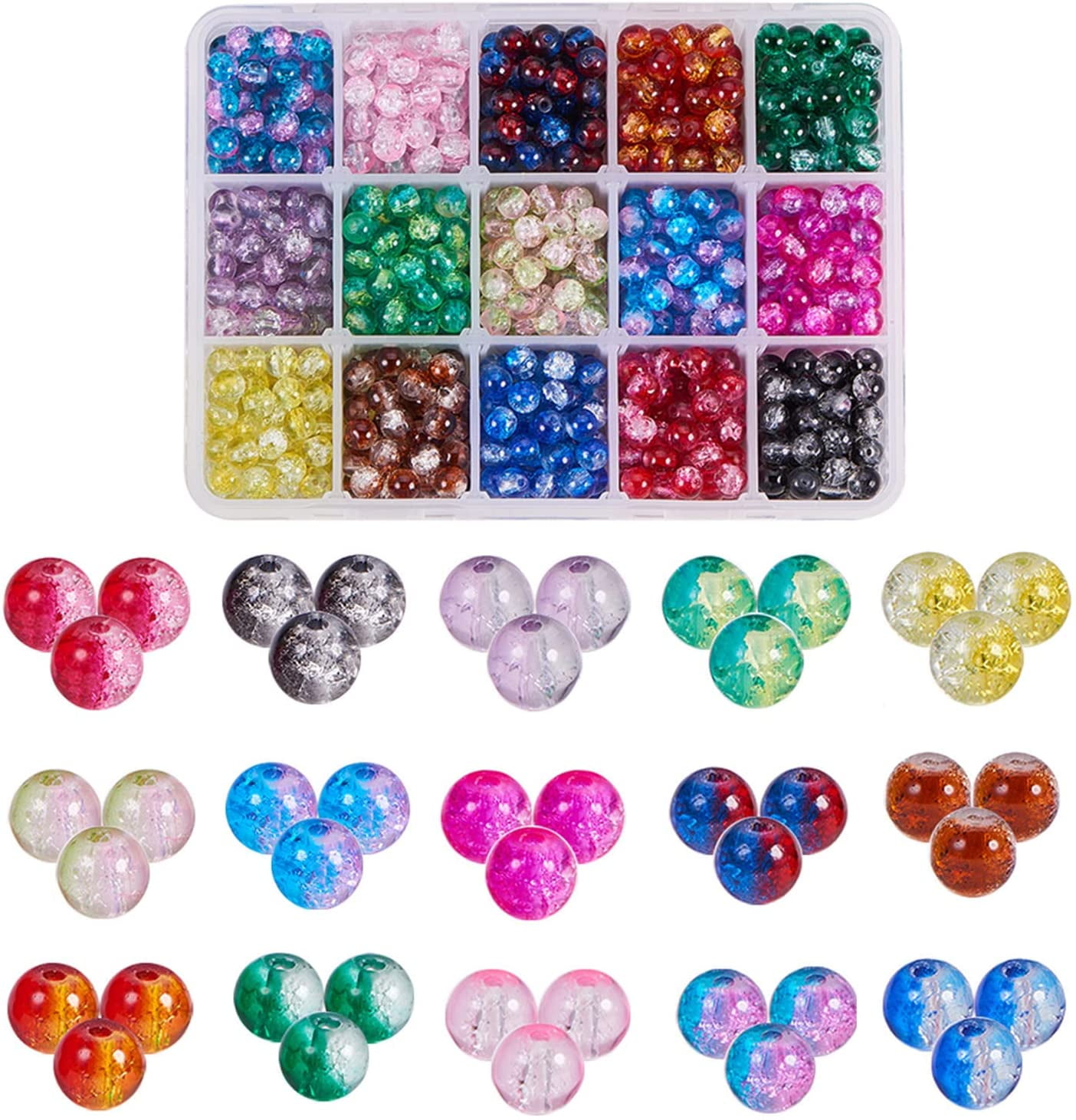 1050pcs 15 Color 6mm Handcrafted Crackle Glass Beads Assortment Lot with Crystal Elastic Thread for Jewelry Making (0.8mm; 5m/roll)