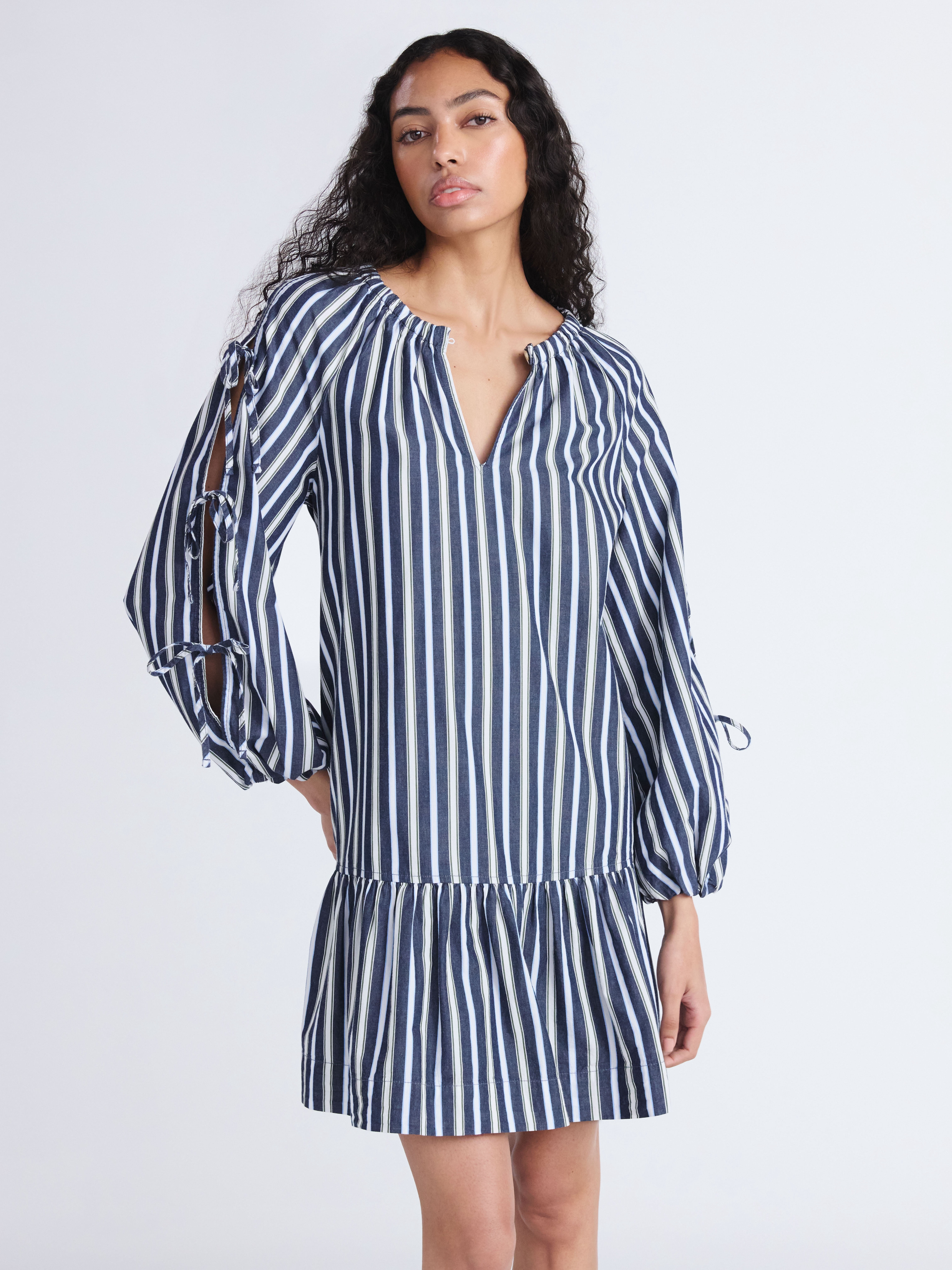 Free Assembly Women's Ruffle Hem Cotton Mini Dress with Long Tie Sleeves, Sizes XS-XXL