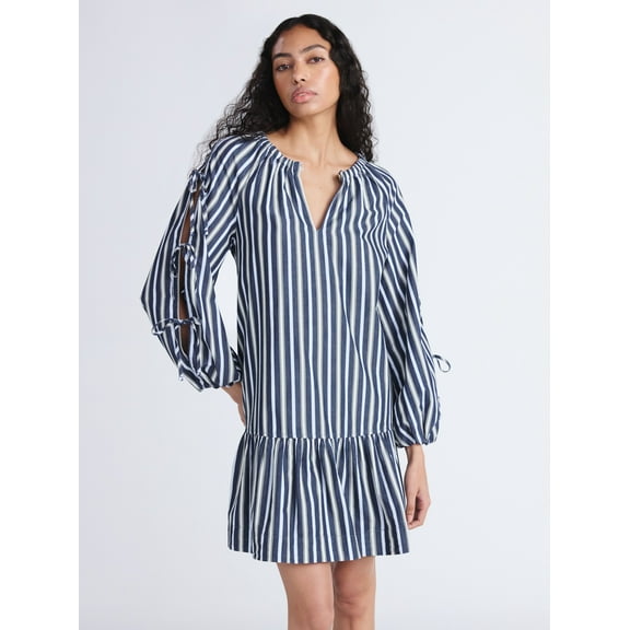 Free Assembly Women's Ruffle Hem Cotton Mini Dress with Long Tie Sleeves, Sizes XS-XXL