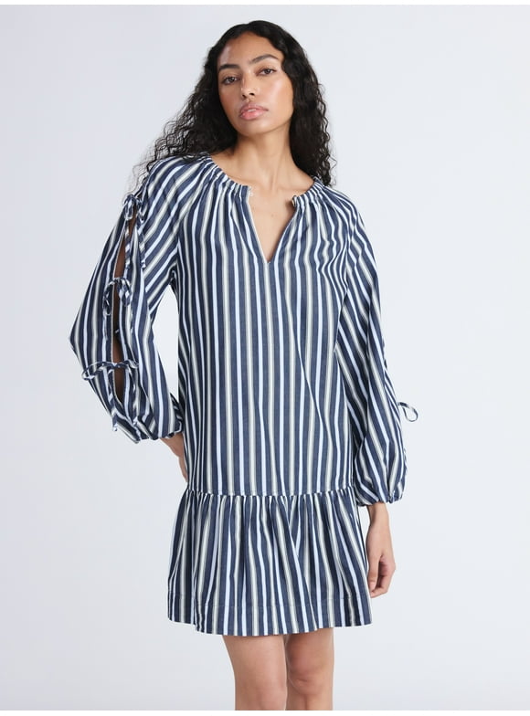 Women's Ruffle Hem Cotton Mini Dress with Long Tie Sleeves, Sizes XS-XXL