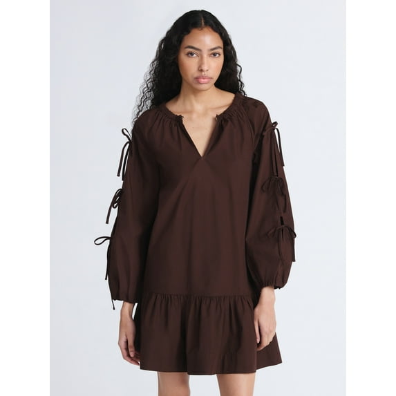 Free Assembly Women's Ruffle Hem Cotton Mini Dress with Long Tie Sleeves, Sizes XS-XXL