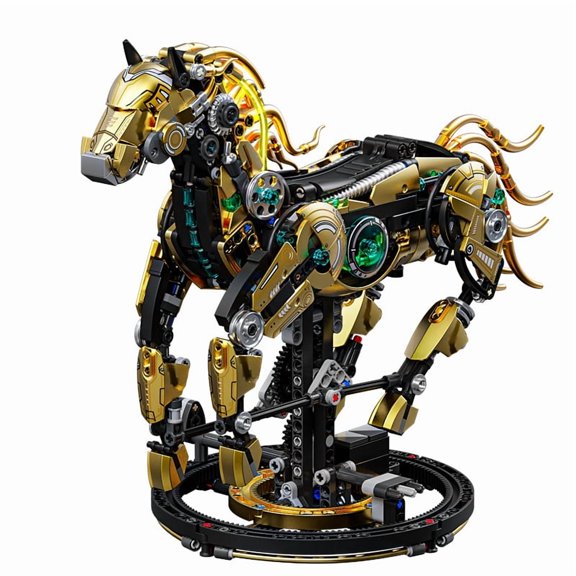 1055PCS Steampunk Golden Mechanical Horse Building Blocks Vintage Industrial Gear Robot Decor Model Kit with Rotating Circular Display Base, Ages 12+