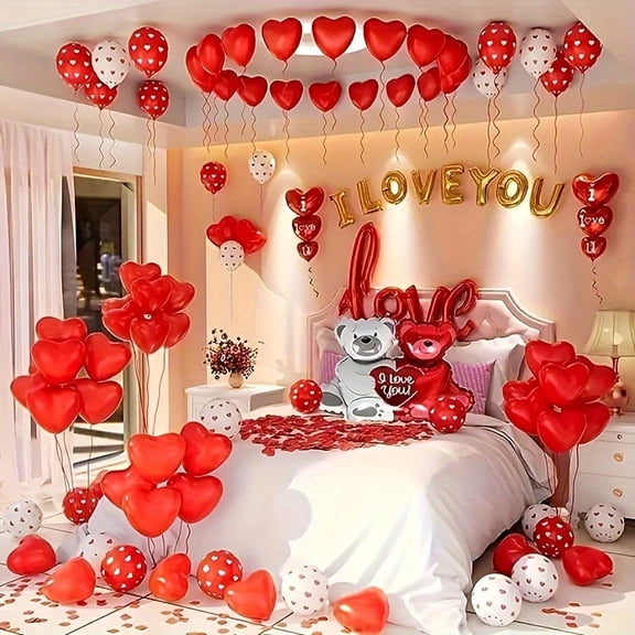 1058pcs Balloon Decoration Red Aluminum Helium Balloon Set,40 Inch Love Large Love Bear Artificial Rose Petals，Confession Wedding Proposal Marriage Anniversary Valentine's Day Romantic Party