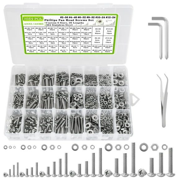 1059Pcs Nuts and Bolts Assortment Kit Phillips Pan Head Machine Screws Assortment Kit #2-56#4-40#6-32#8-32#10-24#12-24