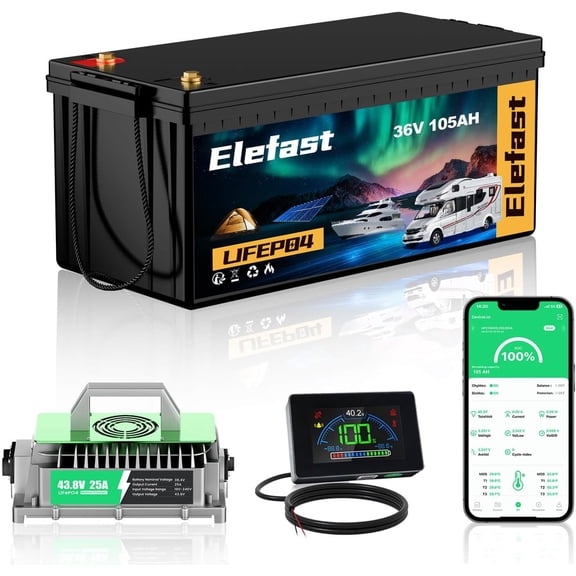 105A 36V Lithium Golf Cart Battery Kit with 43.8V 25A Fast Charger,Built-in Bluetooth and 200A BMS,Peak Current 600A,Up to 6000 Deep Cycle Battery,Perfect for Golf Carts,Trolling Motor,Lawnmower