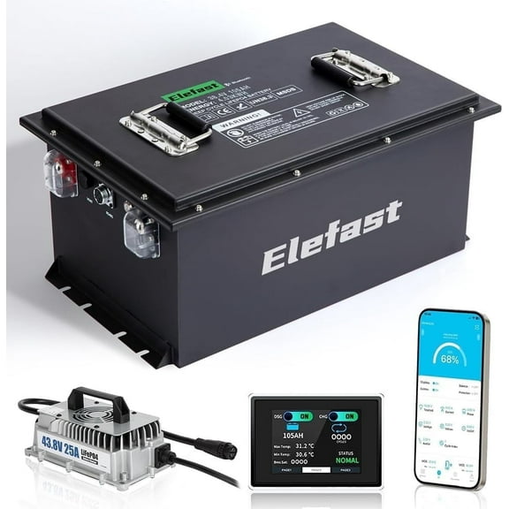 105AH 36V Lithium Golf Cart Battery with 25A Fast Charger and 2.8-inch LCD Touchscreen,Built-in 200A BMS and Bluetooth,Up to 6000+ Deep Cycle,Perfect for Golf Carts,Club Car,Lawnmower