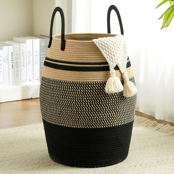 105L Extra Large Laundry Hamper Basket, Woven Tall Clothes Hamper for Storage Blanket, Toys and Dirty Cothes in Bedroom and Living Room Organizer, Brown & Black