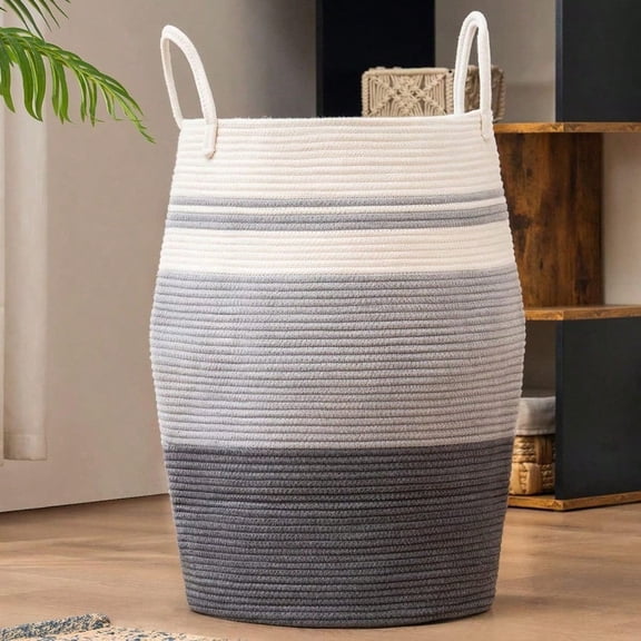 105L Extra Large Woven Laundry Hamper Basket With Heavy Duty Cotton Rope Handles For Clothes And Toys In Bedroom Nursery Room Bathroom Collapsible Dark Grey