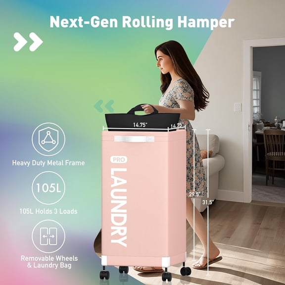 105L Heavy-Duty Rolling Laundry Hamper with Removable Bag, Collapsible Frame, 2-Pack, Pink