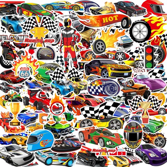 105PCS Race Car Stickers, Race Car Party Favors Supplies Wheels Birthday Party Decorations Racing Car Stickers for Water Bottle Laptop Computer Phone Bike Luggage