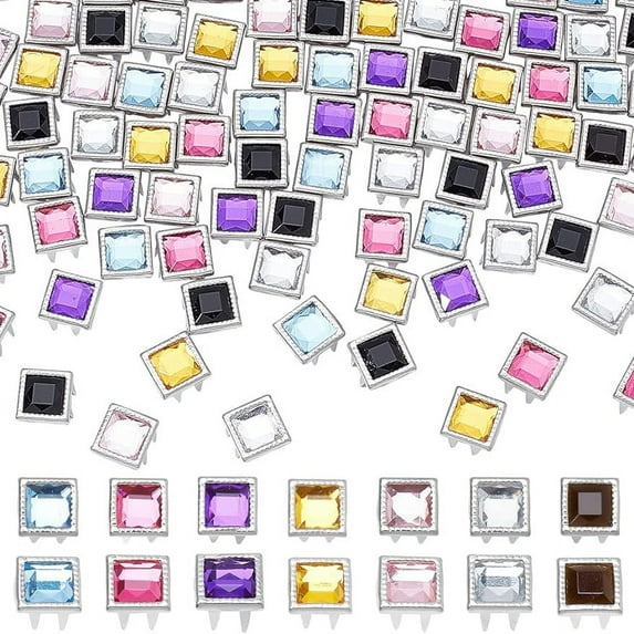 105Pcs Crystal Claw Beads Nailhead 7 Colors 9mm Square Rhinestone Nailhead Studs Punk Diamond Spikes Decorative Rivets Leathercraft Rivet for DIY Shoes Belts Jeans Jewelry Bag Decorations